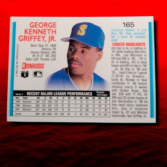 BASEBALL CARD KEN GRIFFEY JR / DONRUSS 1992 # 165 - Picture 2 of 2